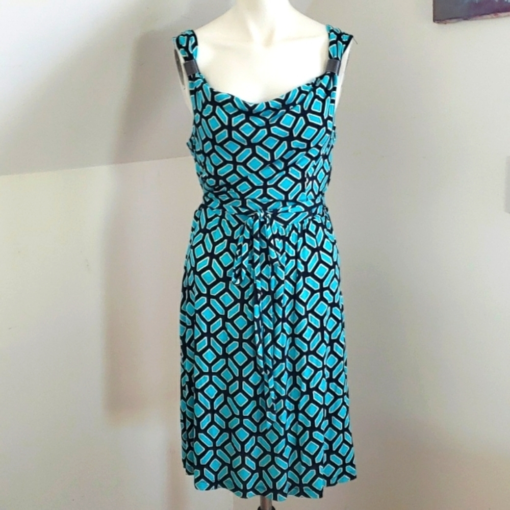 Apt. 9 Women Geometric Blue Green & Black Rayon Scoop Neck No Sleeves Dress Sz M
